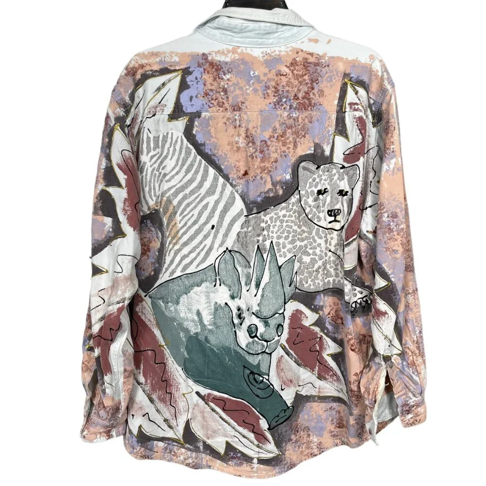 Vintage Kolorway USA Denim Button Up Shirt Womens Large Hand Painted Art to Wear - Picture 2 of 14